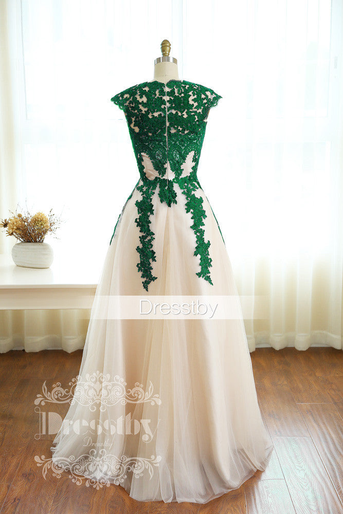 Green lace long prom dress, green ...
